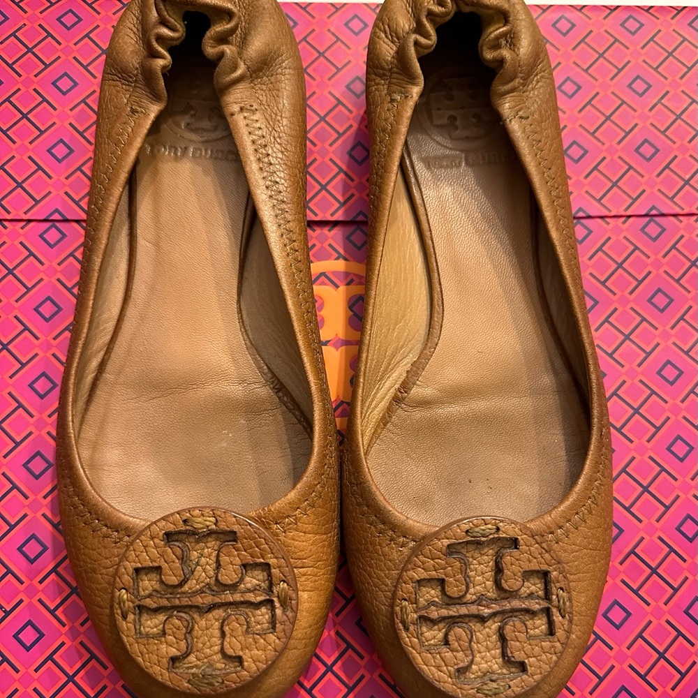 Tory Burch Cognac Leather Brown Reva Pebbled Flats